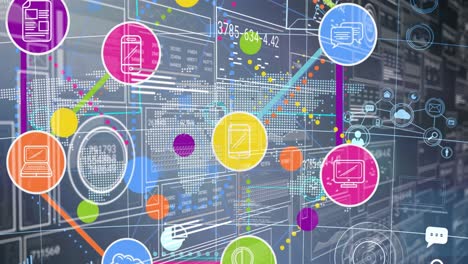 Animation of data processing and media icons over blue background