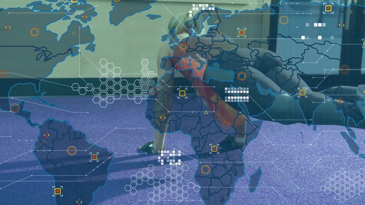 Female fitness athlete performing knee drives on purple mat causing HUD world-map overlay for core