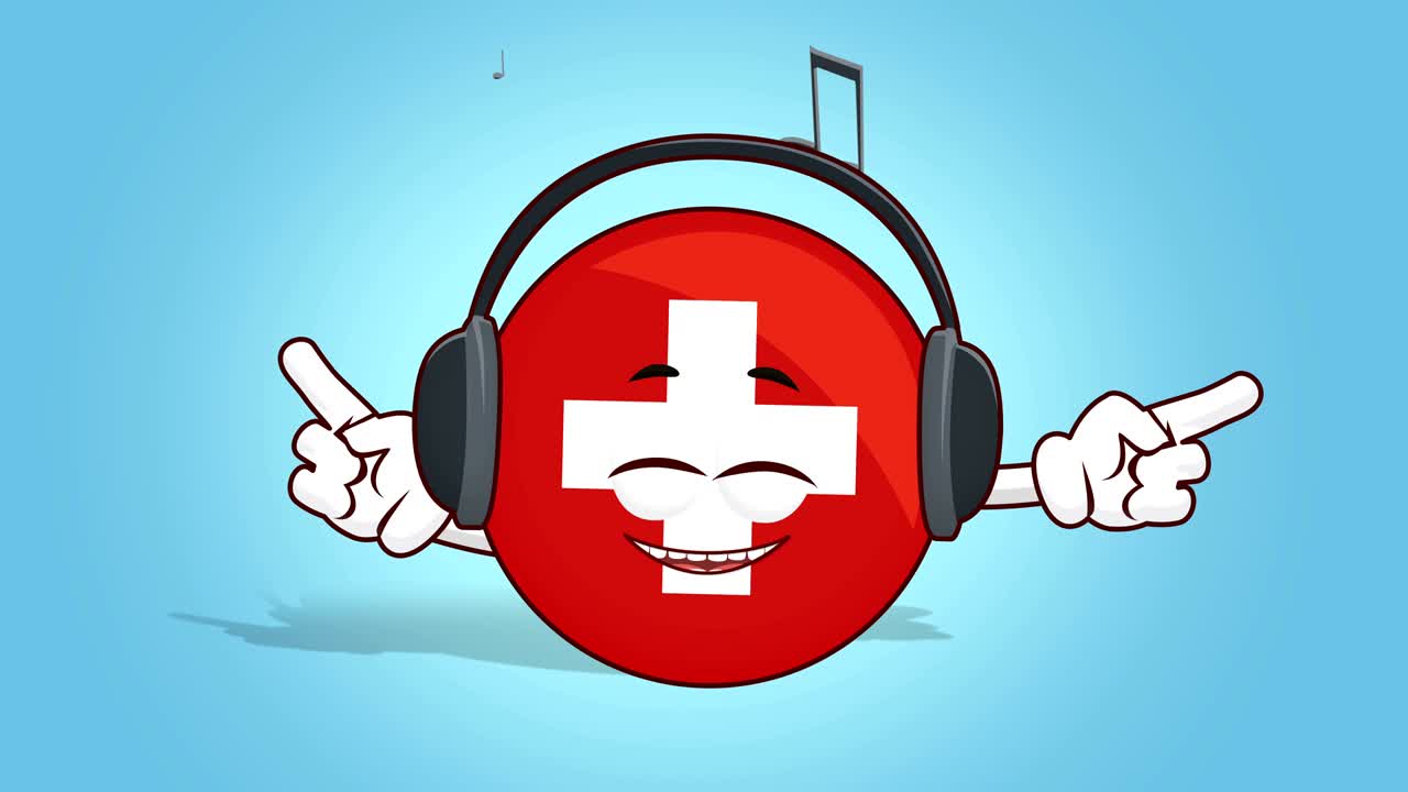 Çizgi Film İkonu İsviçre Bayrağı Yüz Animasyonu Alfa Mat ile Müzik Dinleyen