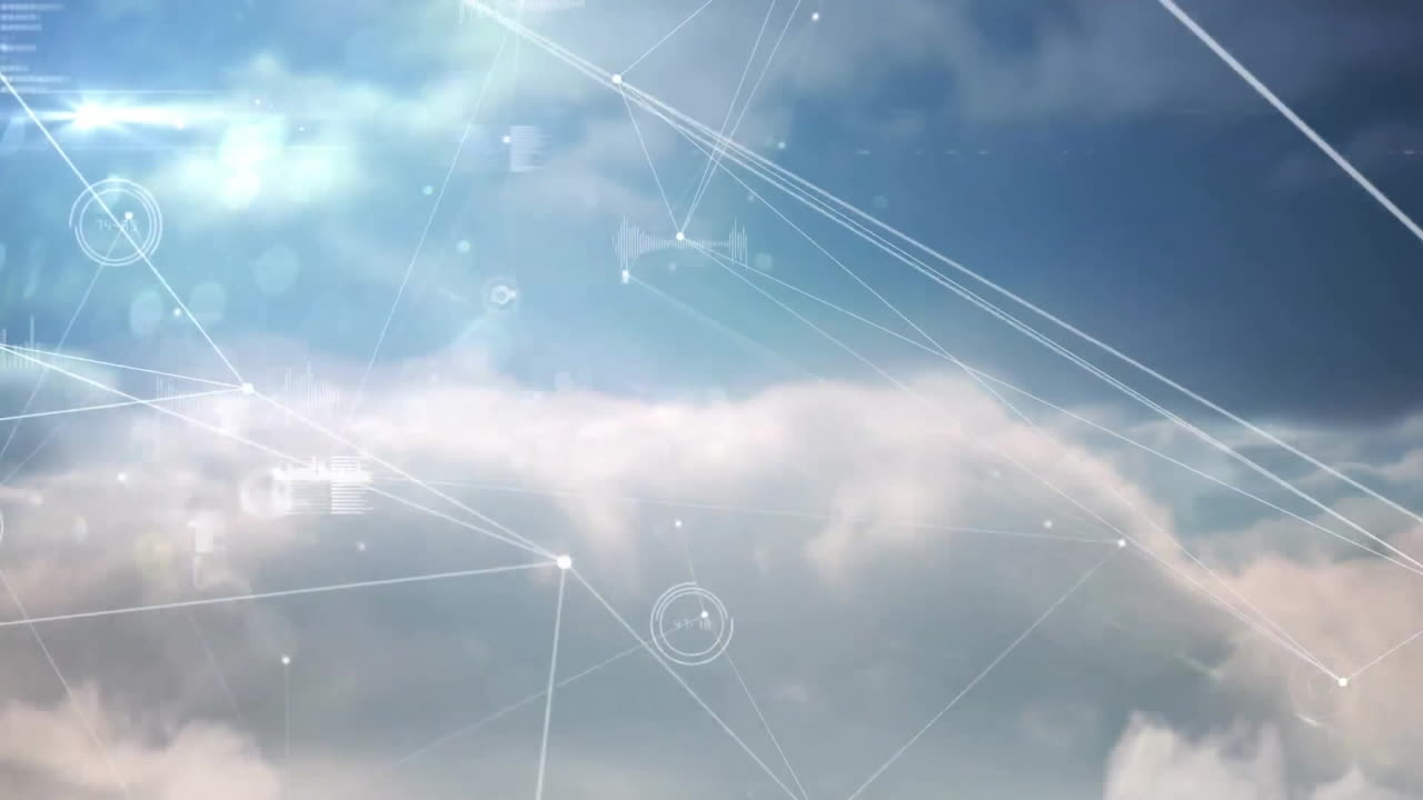 Animation of data processing and network of connections over clouds