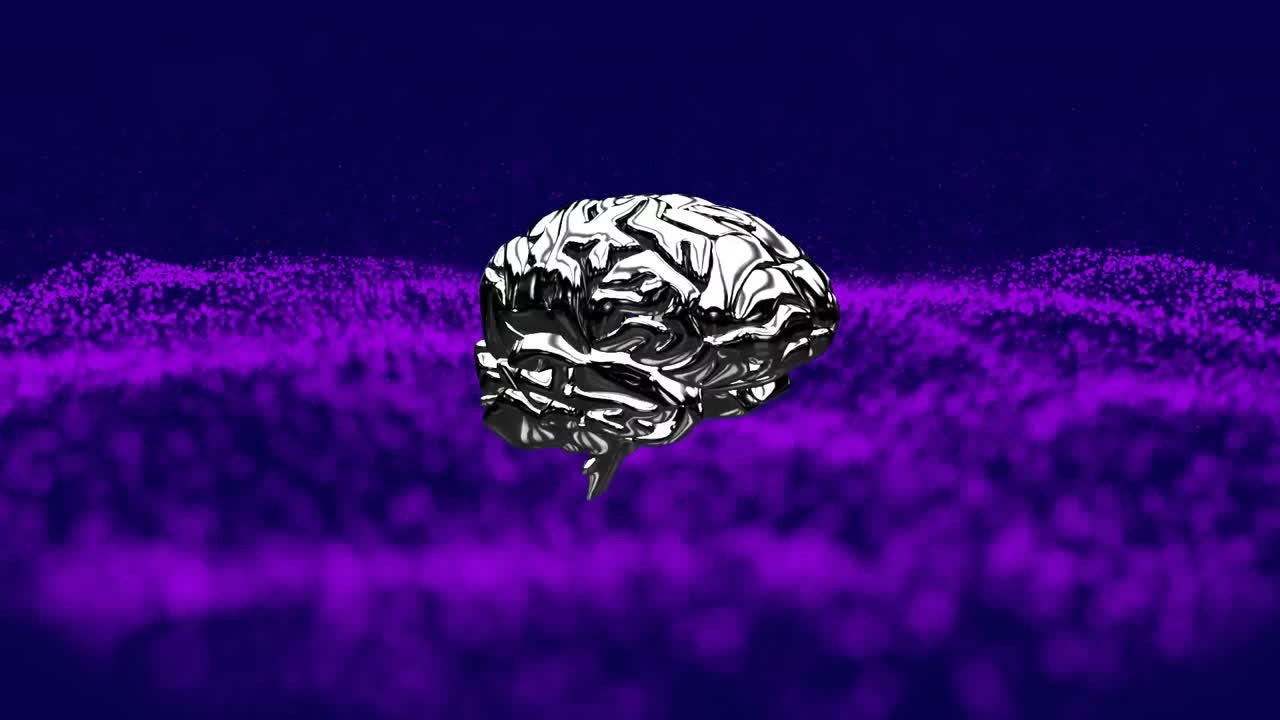 Animazione di cervello umano e onda viola su sfondo blu scuro