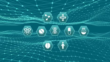 iconos médicos que se mueven contra la onda digital sobre un fondo verde