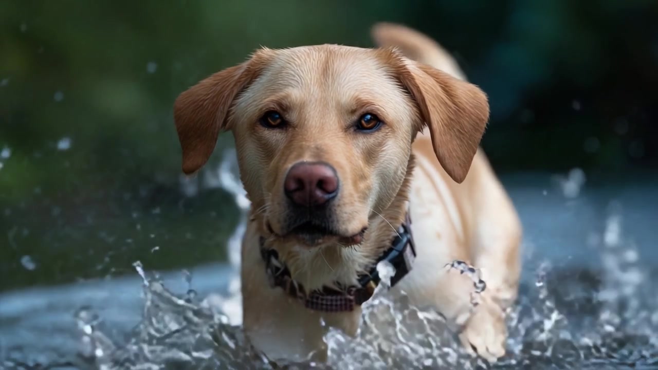 Un vivace Labrador retriever schizza gioiosamente nell'acqua, mostrando il suo spirito energico e la sua curiosità mentre esplora l'ambiente acquatico rinfrescante.