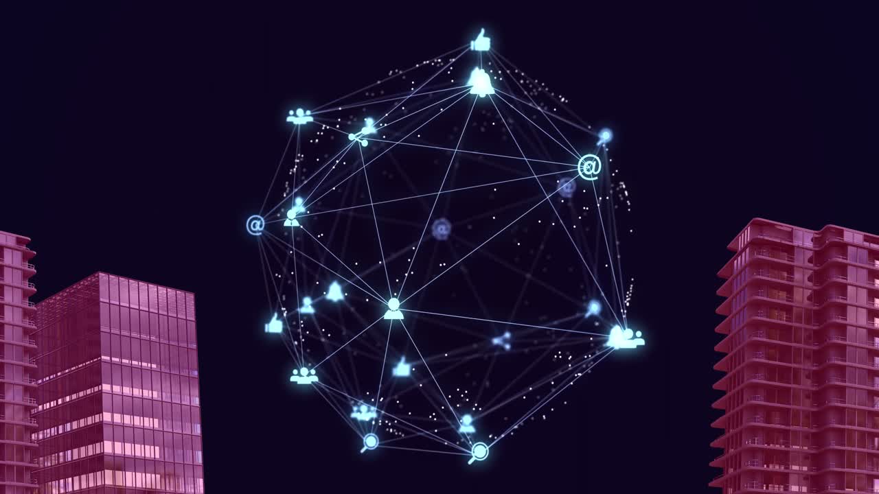 animación del globo de la red digital de conexiones con iconos sobre el modelo de paisaje urbano 3d rosa