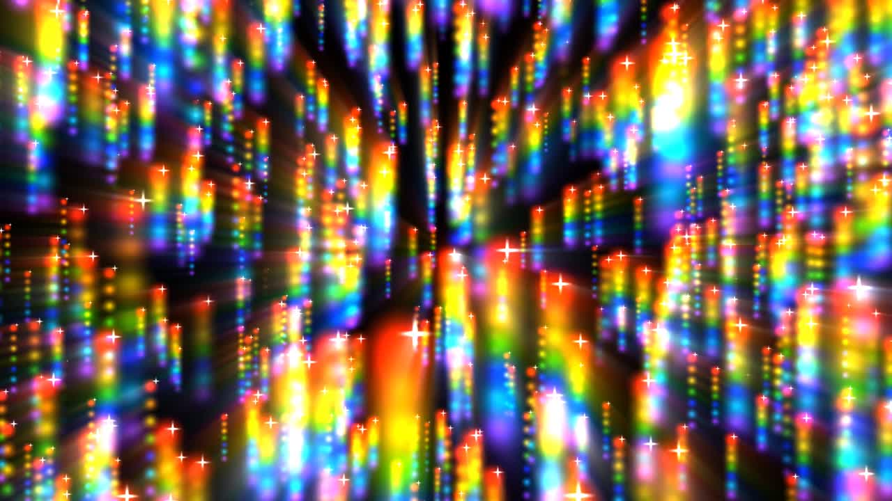 millones de partículas abstracto borrón rayo brillante bola de arco iris con elemento estrella blanca lento flotante volar y desvanecido en la pantalla negra