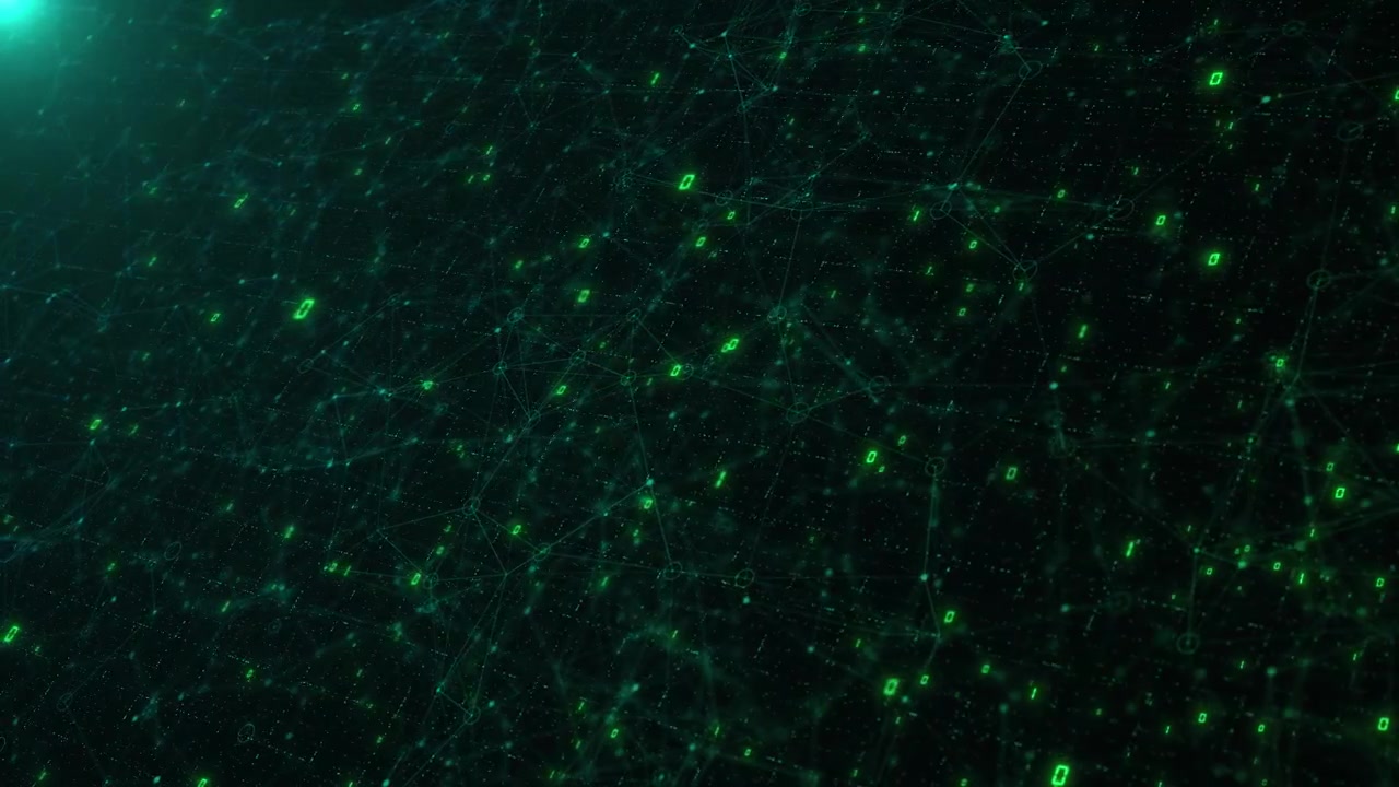 Digital green code web visual with floating binary symbols connected lines and deep technology