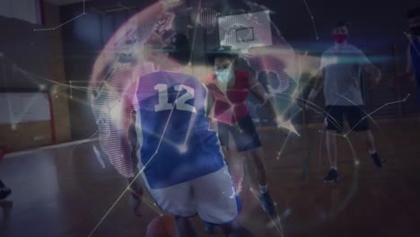 animación de la red de conexiones en un grupo diverso de jugadores de baloncesto masculinos