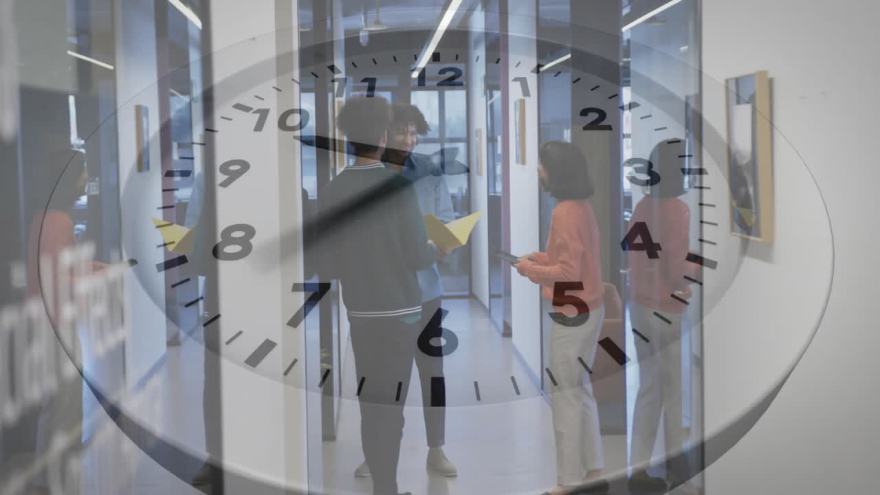 다양한 동료들이 일을 논의하는 시계를 움직이는 애니메이션