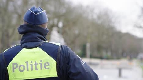 vista trasera del policía con gorra en bruselas, bélgica