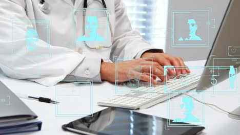 animación de las personas iconos sobre el médico caucásico usando computadora
