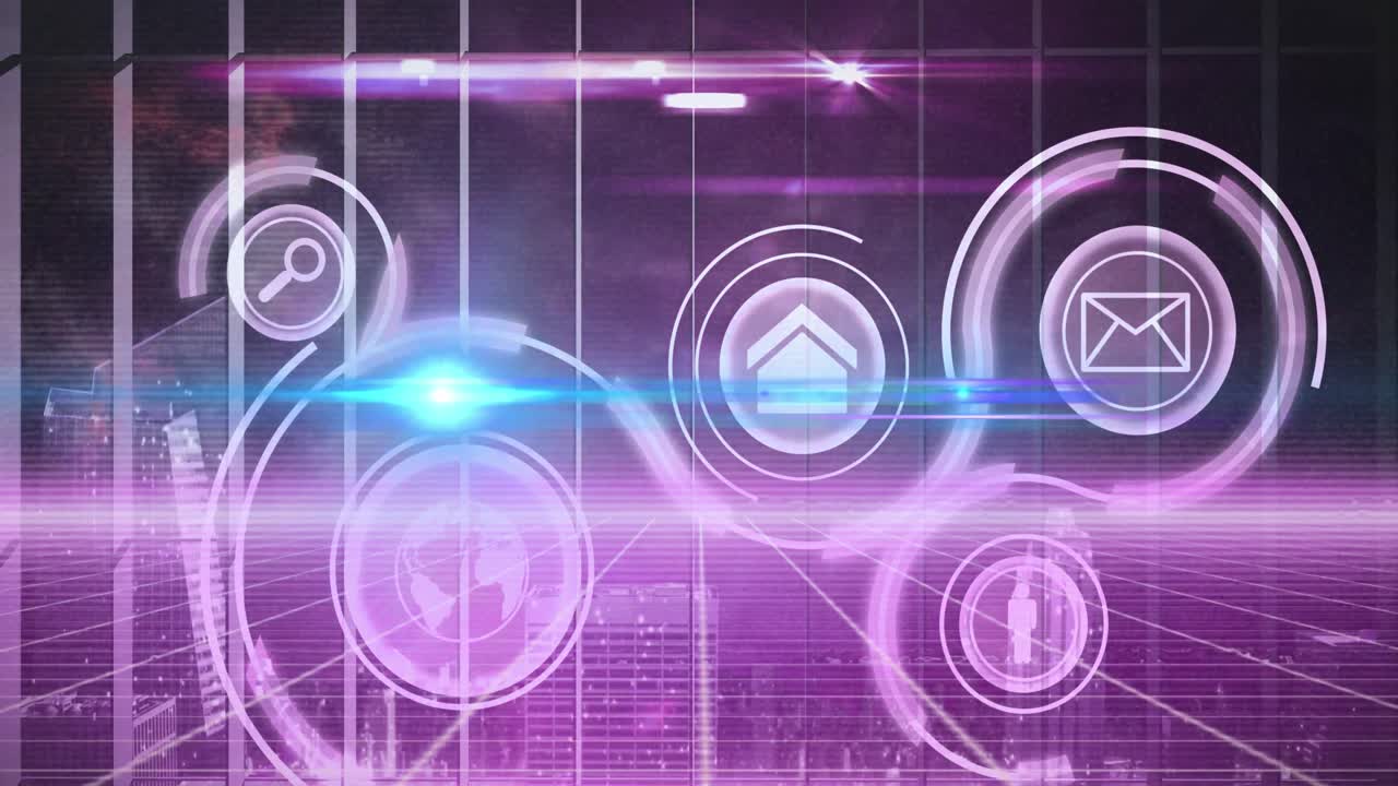 다양한 데이터와 함께 디지털 화면에서 빛과 아이콘의 애니메이션