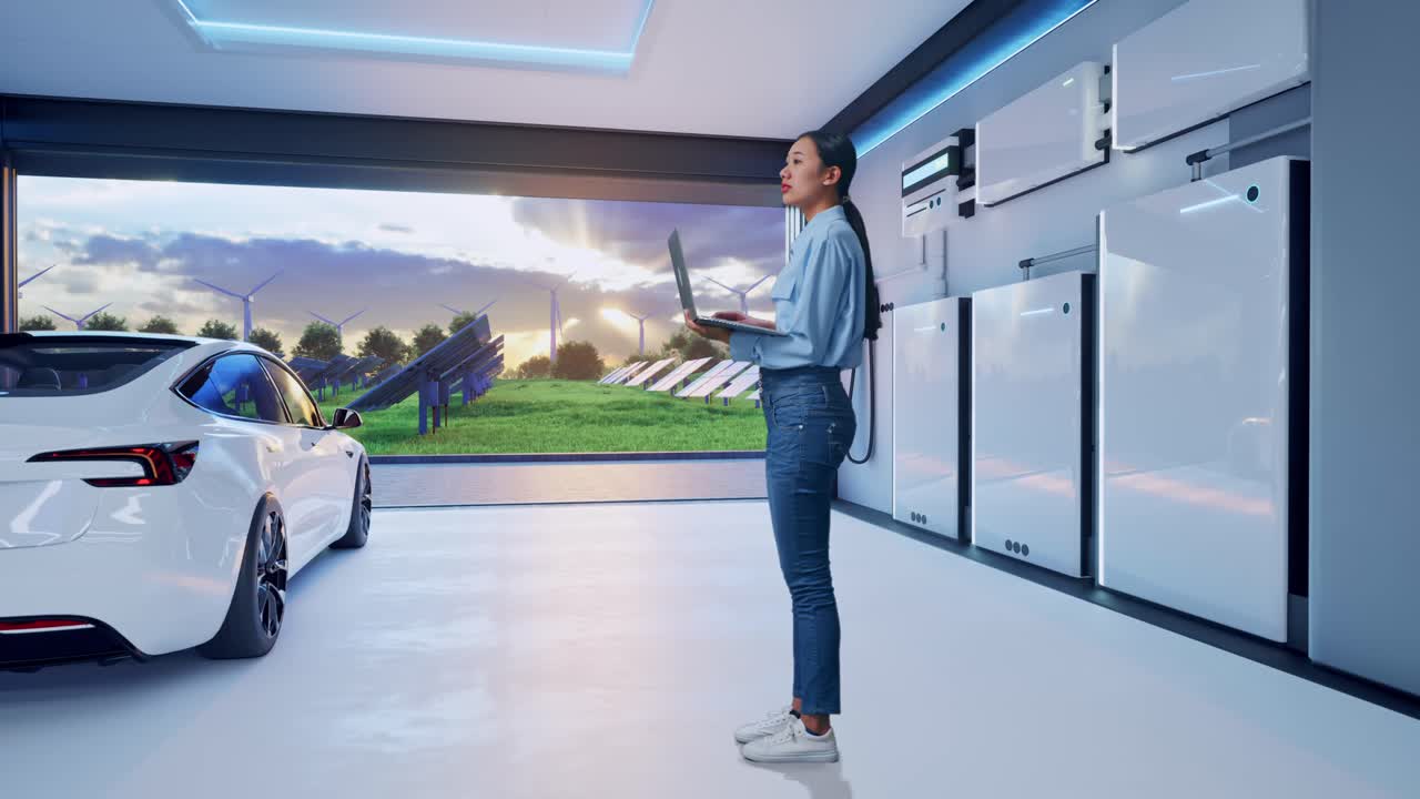 Full Body Side View Of Asian Female With Home Energy Storage System In a Modern Garage, Observes By Looking Up Before She Come To Concentrating On The Laptop And Keep On Typing