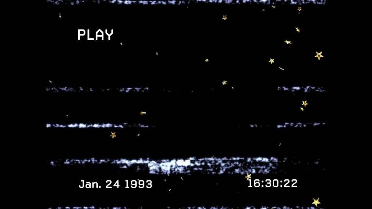 PLAY starting, tracking flickering, gold stars drifting, timecode advancing, creating retro tape