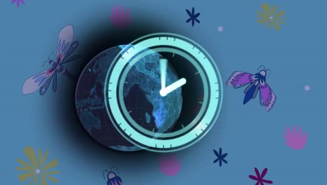 animation of scanner with clock face over glowing blue globe and insects on blue background