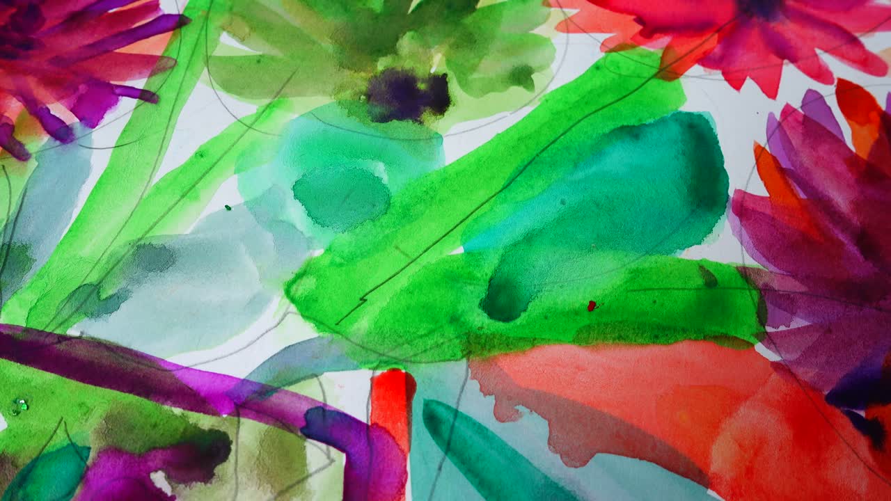 Fiori in un vaso, disegno ad acquerello. Ripresa in movimento di un quadro.