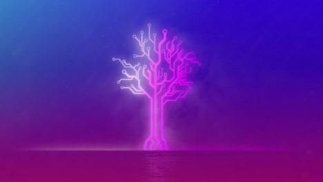 animación de un árbol hecho de rosas, líneas de neón sobre fondo azul.