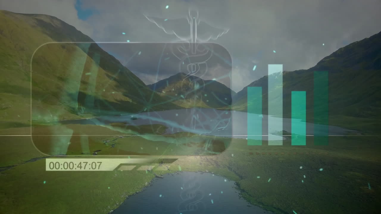 Medical symbols and data processing animation over scenic mountain landscape