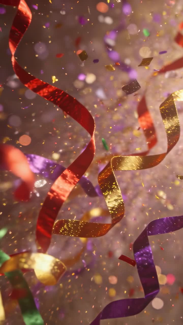 Video verticale: Coriandoli e stelle filanti che entrano, si attorcigliano e si spargono in studio, creando un'atmosfera di festa.