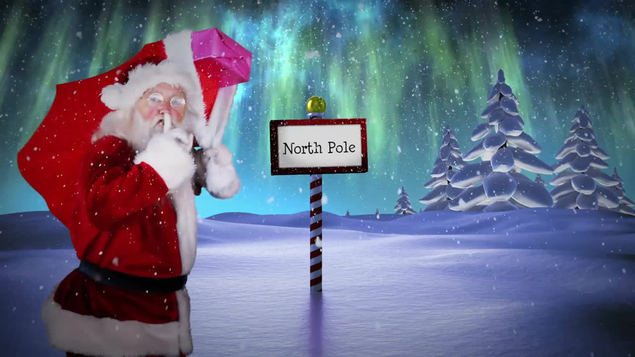 Santa Claus walking past North Pole sign over snowy landscape animation