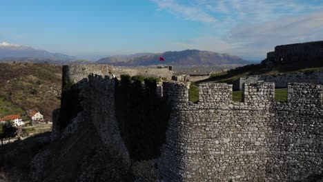 stone thick walls of castle and ancient buildings inside in shkodra, albania