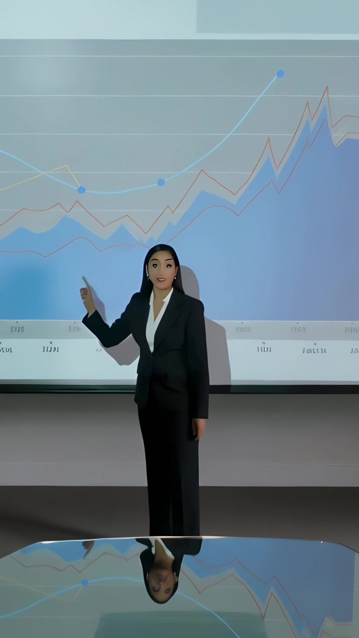 Video verticale: Donna in tailleur nero che cammina da sinistra, indicando un picco su un grafico e evidenziando una tendenza.