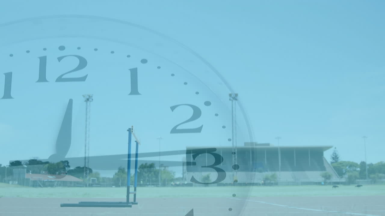 Animation of a clock ticking over African American man wearing a suit jumping over a hurdle