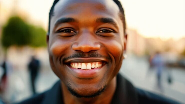 Jeune homme noir heureux souriant en ville