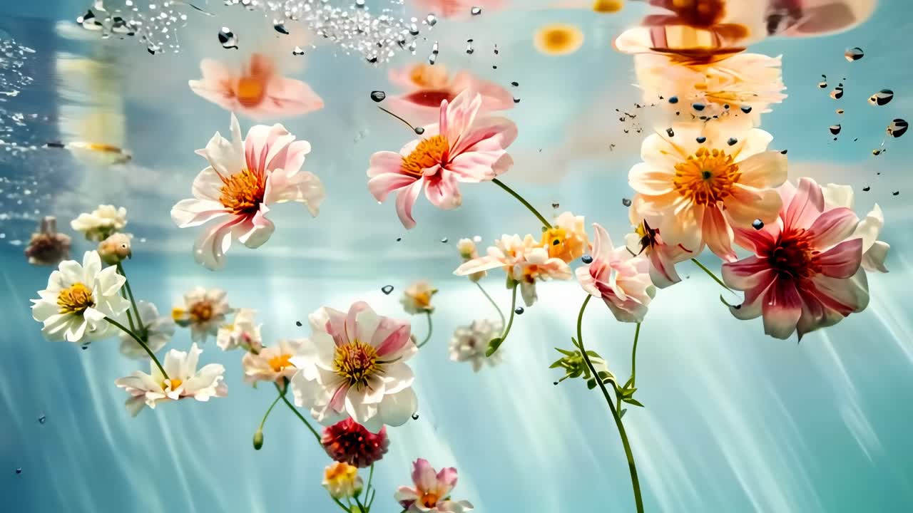 Video subacqueo di fiori galleggianti, catturato da una prospettiva dal basso