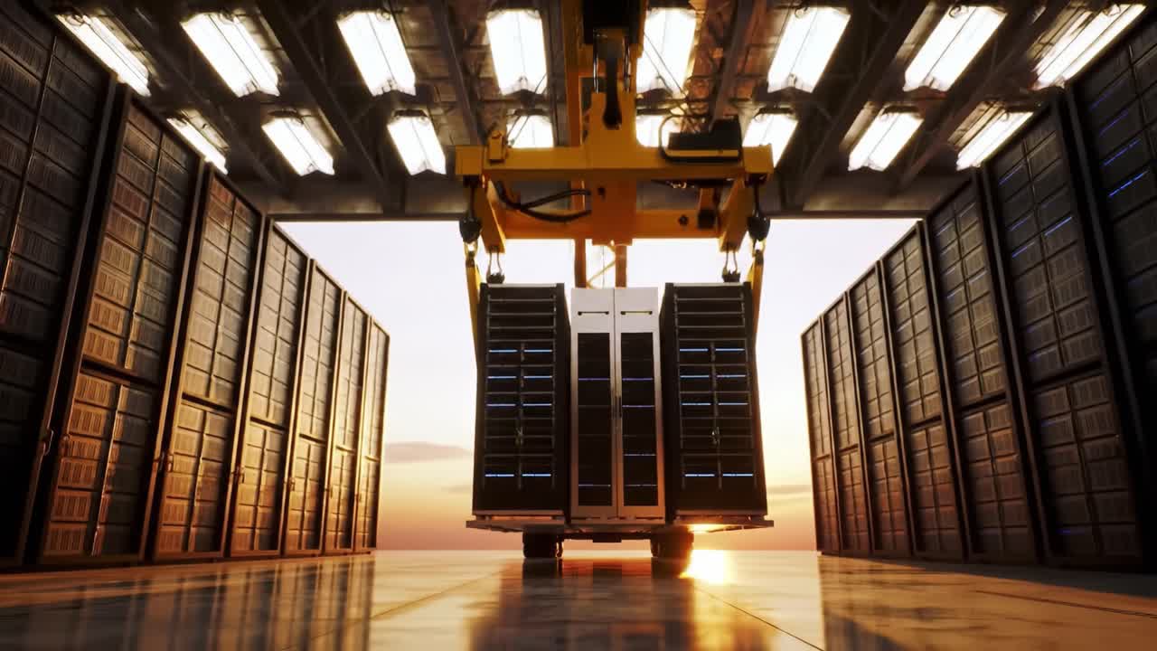 A robotic arm is unloading a stack of data servers inside a warehouse during sunset, showcasing advanced technology in server management and automation. The atmosphere highlights innovation.