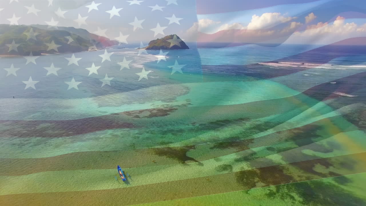 animación de la bandera de los estados unidos ondeando sobre el paisaje marino de la playa