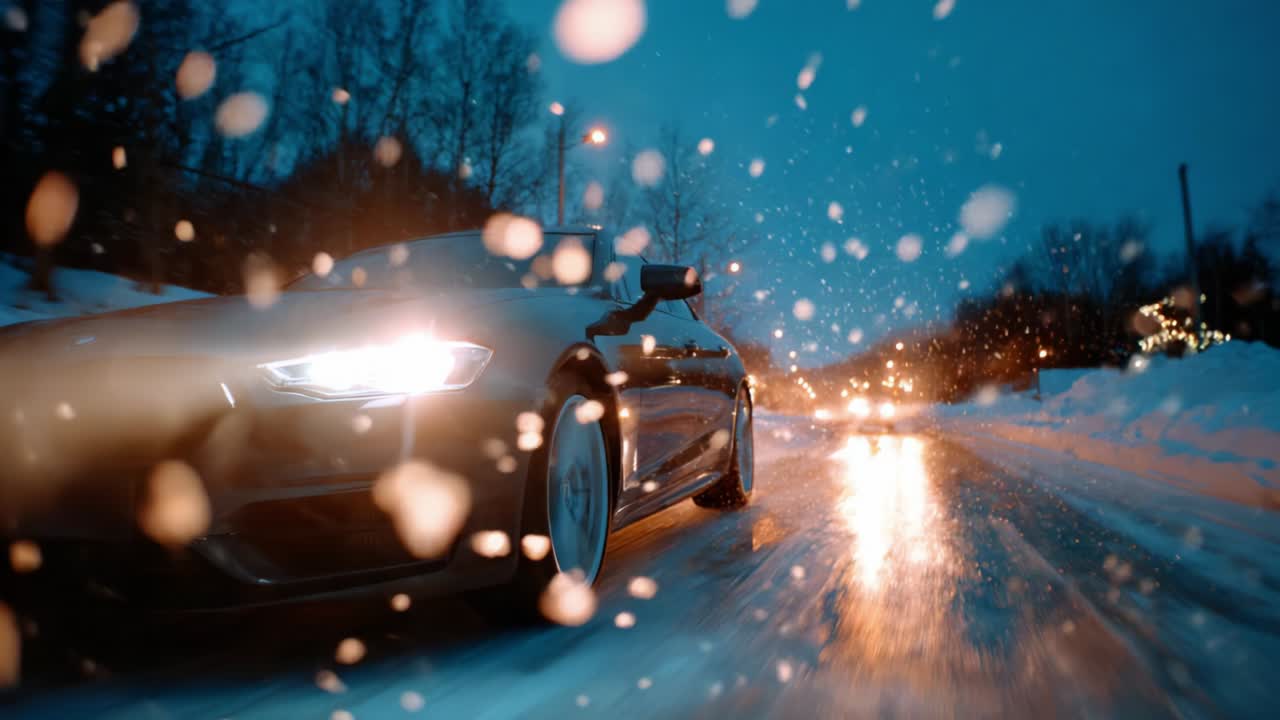 A Stunning Winter Drive Captured in Two Frames: A Sleek Car Navigating Through Snowy Roads at Dusk, Showcasing Brilliant Headlights Illuminating the Path Ahead Amidst Falling Snowflakes