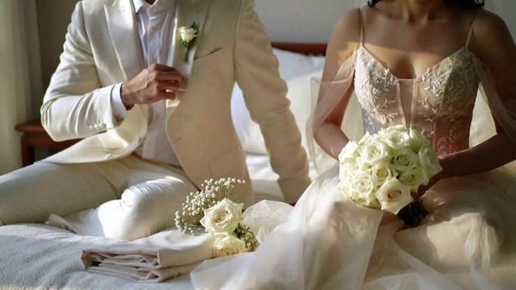 Sitting bride and groom in wedding attire adjusting boutonniere, holding bouquet on bed, soft light