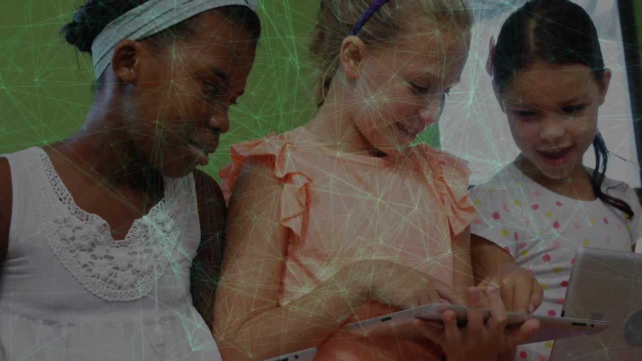 White girl tapping tablet and initiating group learning by green chalkboard with animated charts