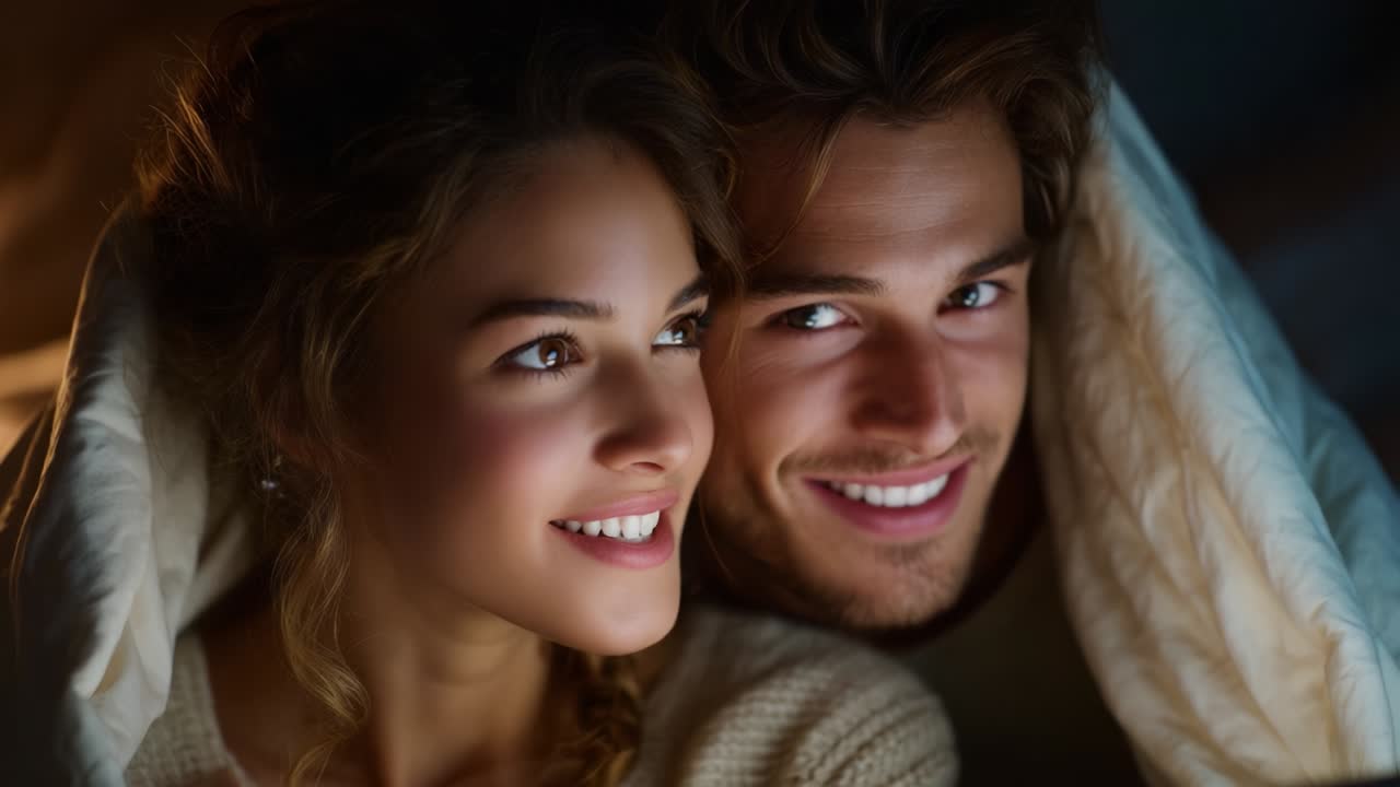 A Joyful Evening Together: A Happy Couple Sharing an Intimate Moment Under a Cozy Blanket, Capturing the Essence of Love, Connection, and Companionship in a Warm and Inviting Atmosphere