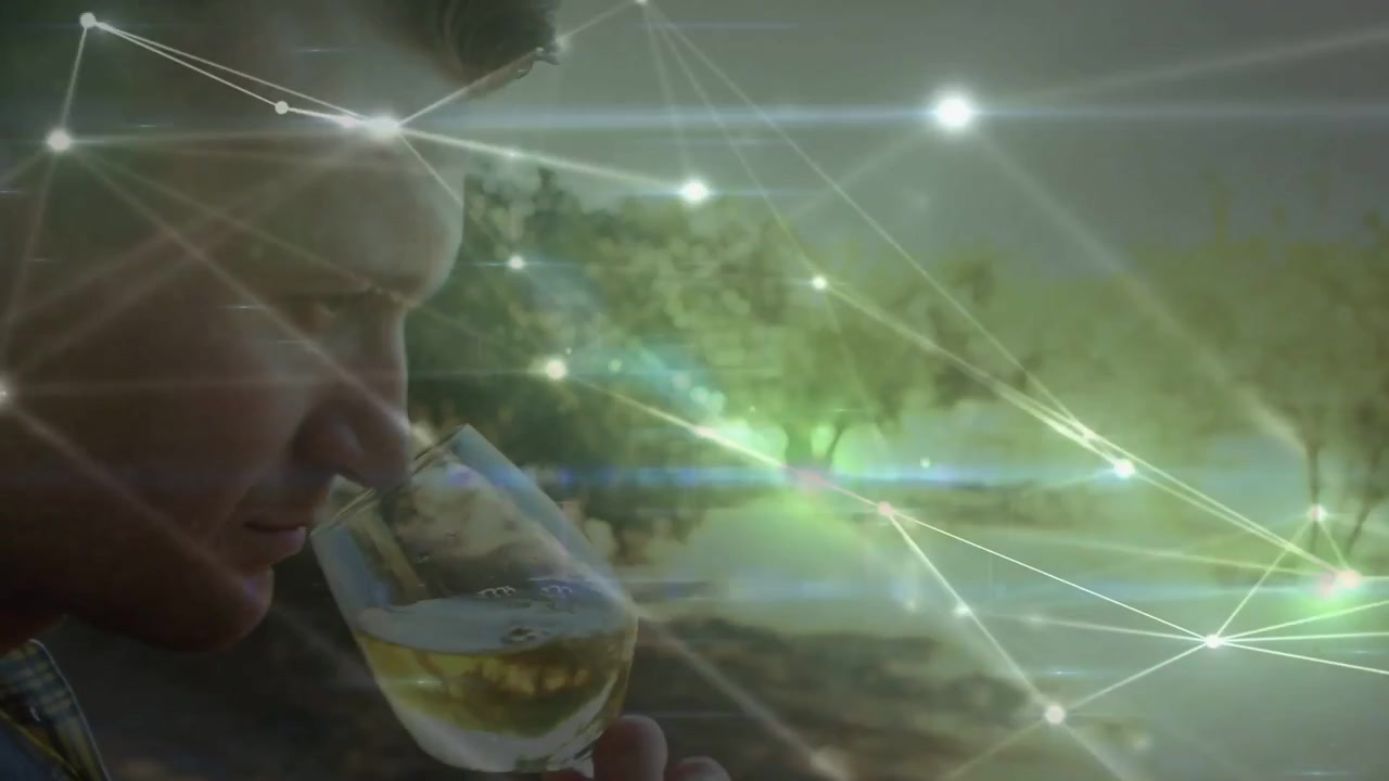 Homem levantando um item, erguendo uma taça de vinho, girando, cheirando, provando o vinho enquanto uma sobreposição de rede flutua.