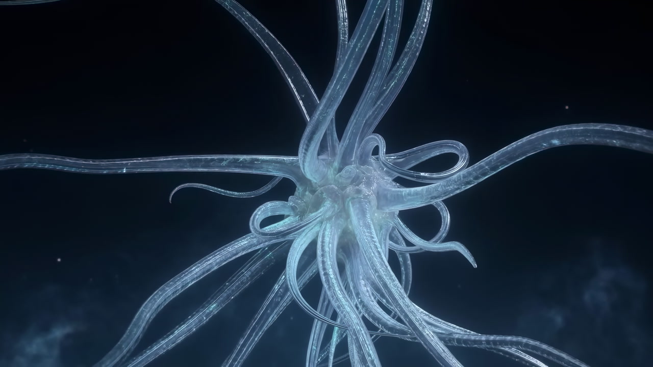 Bioluminescent Jellyfish Tentacles Undulating In Deep Blue Void, Rov Perspective Reveals Translucent Radial