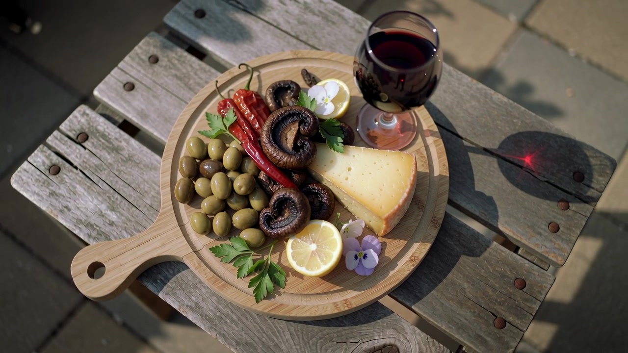Movimento de câmera revelando uma tábua de madeira redonda com aperitivos e vinho tinto no pátio para mostrar o banco
