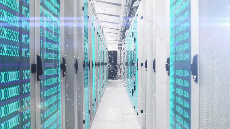 Data center corridor showing server racks with glowing displays and floating network overlay in 3D