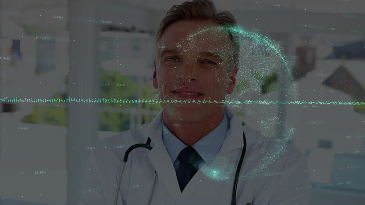 Medico uomo che presenta dati medici in clinica, con mappa del mondo olografica e forma d'onda.