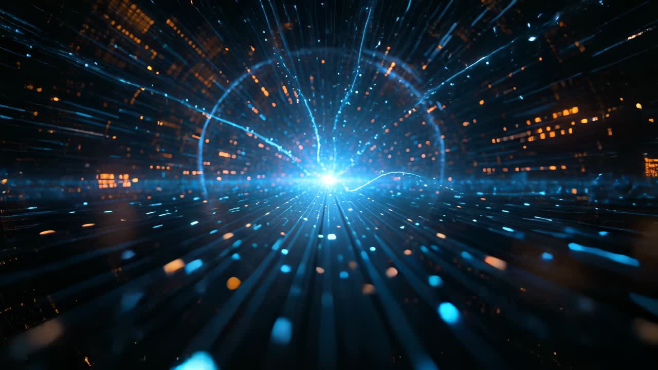 Emitting central blue core propelling camera through data corridor, energizing rods and particles
