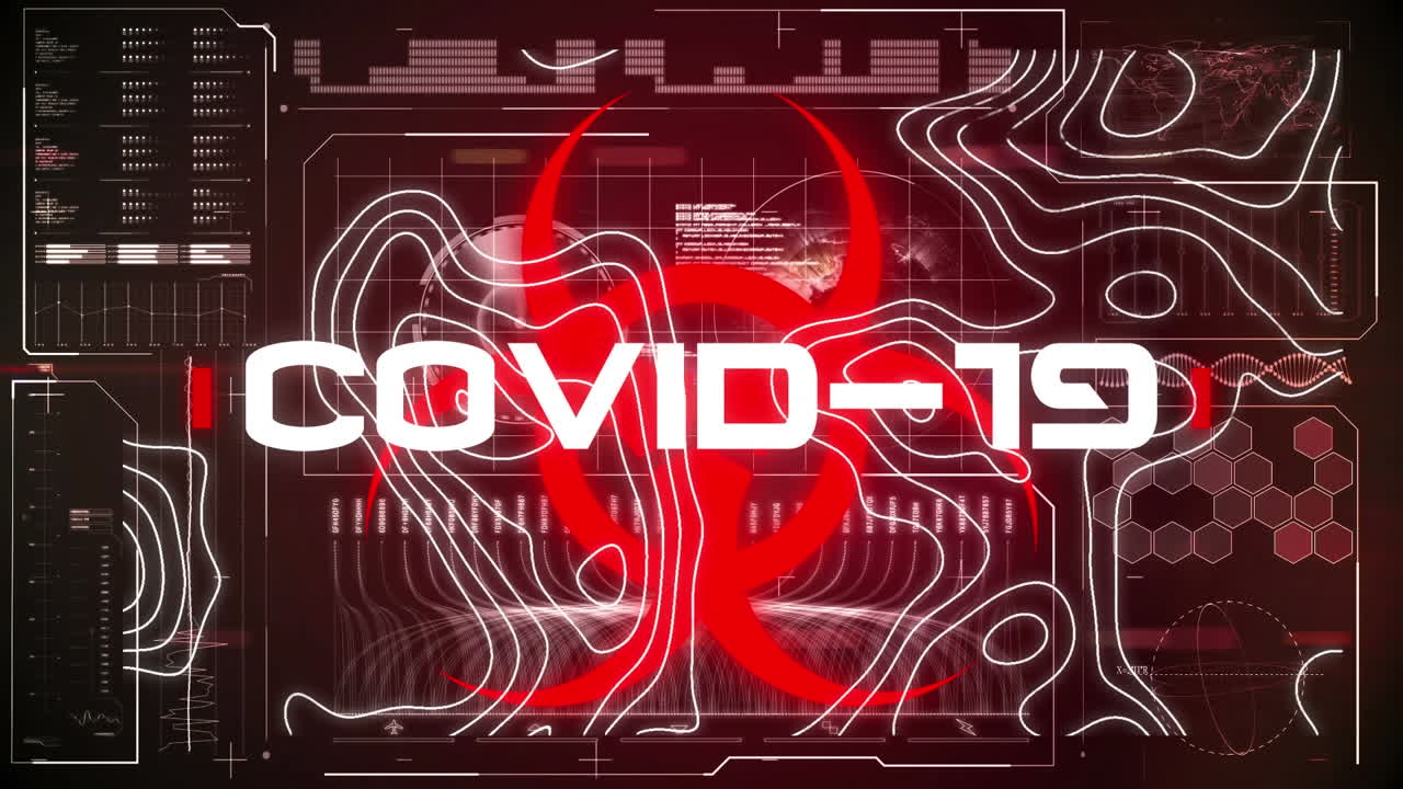 Animation of text covid 19 and red biohazard symbol over topographical chart and data