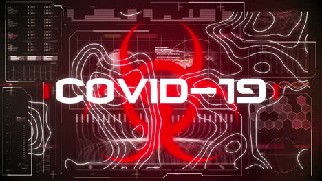 animación del texto covid 19 y el símbolo rojo de riesgo biológico sobre la carta topográfica y los datos