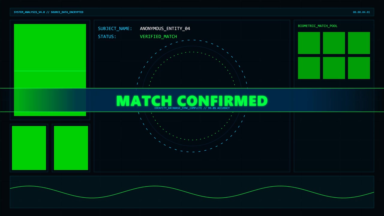Futuristic Biometric Data Analysis Interface Displaying Match Confirmed