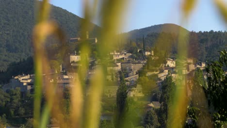 old typical provencal country village under sunny skies in slowmotion moving shot through nature