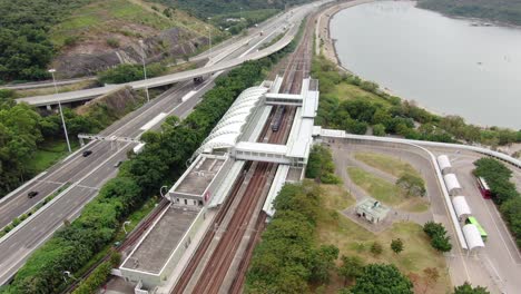 Traffic-on-a-rural-highway-interchange-in-Hong-Kong,-Aerial-view