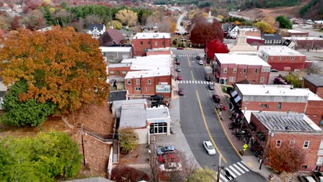 aerial-pullout-over-fall-foliage-in-burnsville-nc,-north-carolina