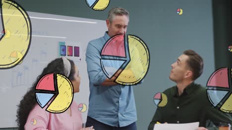 Animation-of-multiple-pie-graph-icons-over-diverse-colleagues-discussing-together-at-office