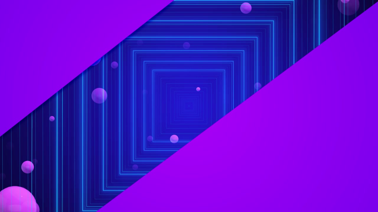 Purple neon geometric tunnel background with blue line squares diagonal panels and futuristic depth