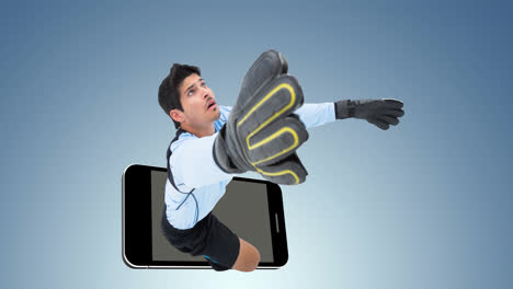 animación de un portero de fútbol en un teléfono inteligente sobre un fondo azul