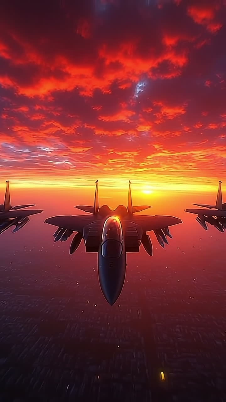 Jets at sunset on the horizon. A formation of fighter jets flies against a stunning sunset sky filled with vibrant colors and clouds.